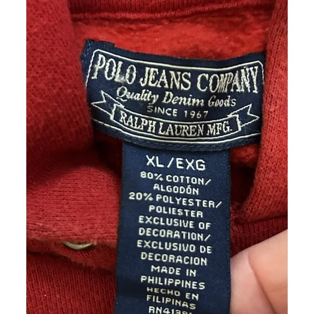 VTG RARE Polo Ralph Lauren Hoodie Sweatshirt Oversize Red DEADSTOCK 90s Label XL